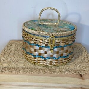 Vintage Midcentury Woven Sewing Basket with Handle In Blue and Tan